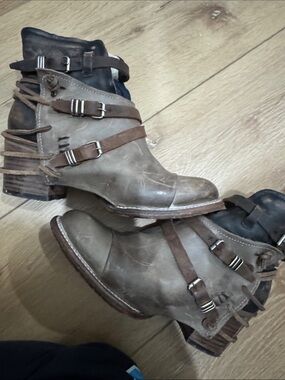 Freebird by Steven Distressed Taupe & Dark Brown Strap Ankle Boots